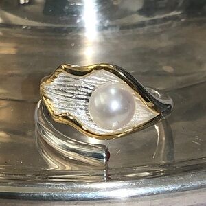 Estate Sterling Silver S925 stamped and Gold Lined Pearl Carnelian Ring sz 6.5